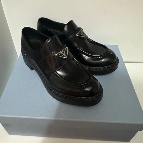 Prada Black Leather Brushed Chocolate Loafers - Picture 2 of 6